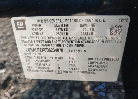 2013 Chevrolet Equinox Lt from USA, damaged, VIN 2GNALPEK6D6234078